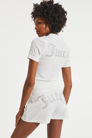 Short Juicy Couture Corta Sleeve Big Bling Algodon Velour Zip-Up Mujer Blancos | FTDQ02178