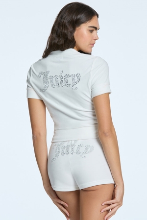 Short Juicy Couture Pearly Big Bling Corta Sleeve Velour Zip Up Mujer Creme | BLMG72563