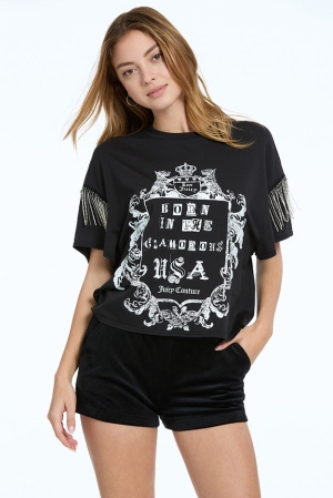 Tops Juicy Couture Born In The Glamorous USA Tee Mujer Liquorice | QFRV78506